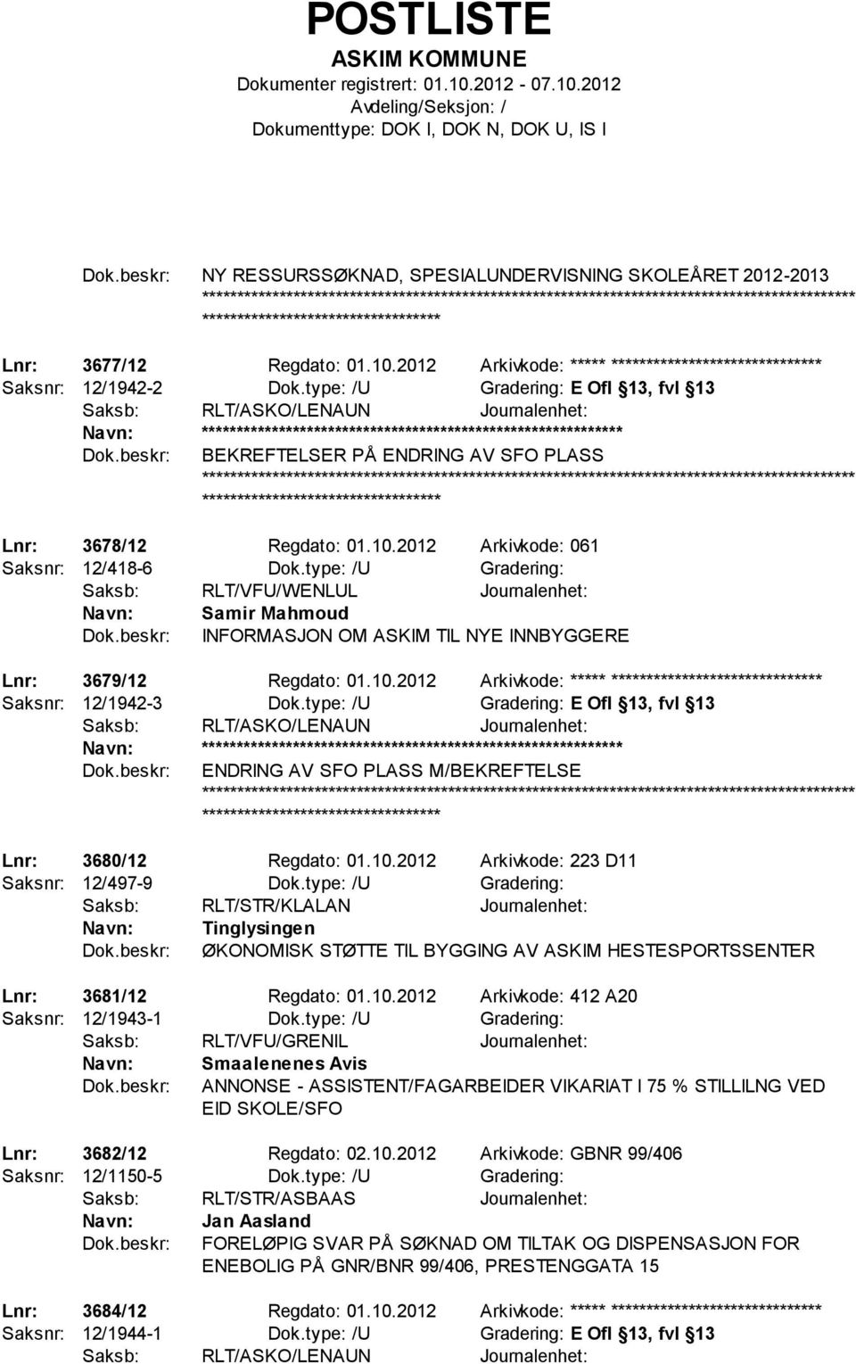 type: /U Gradering: Saksb: RLT/VFU/WENLUL Journalenhet: Samir Mahmoud INFORMASJON OM ASKIM TIL NYE INNBYGGERE Lnr: 3679/12 Regdato: 01.10.