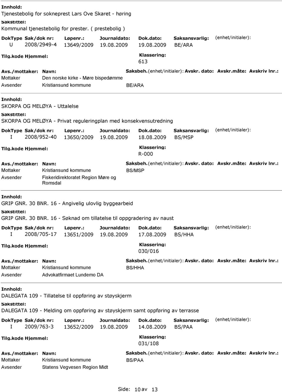 : Mottaker Den norske kirke - Møre bispedømme BE/ARA SKORPA OG MELØYA - ttalelse SKORPA OG MELØYA - Privat reguleringplan med konsekvensutredning 2008/952-40 13650/2009 BS/MSP R-000 Avs.