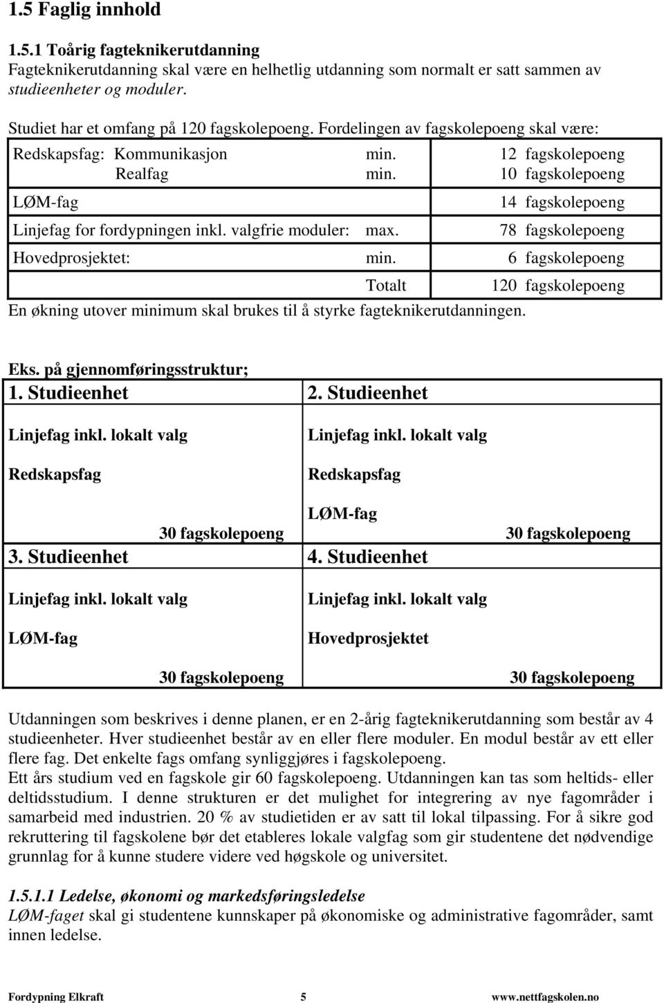 10 fagskolepoeng LØM-fag Linjefag for fordypningen inkl. valgfrie moduler: max. 14 fagskolepoeng 78 fagskolepoeng Hovedprosjektet: min.