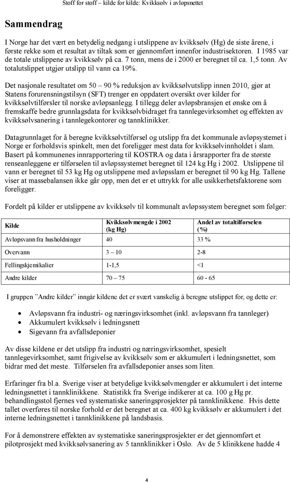Det nasjonale resultatet om 50 90 % reduksjon av kvikksølvutslipp innen 2010, gjør at Statens forurensningstilsyn (SFT) trenger en oppdatert oversikt over kilder for kvikksølvtilførsler til norske