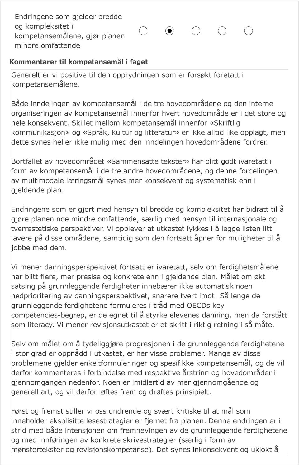 Skillet mellom kompetansemål innenfor «Skriftlig kommunikasjon» og «Språk, kultur og litteratur» er ikke alltid like opplagt, men dette synes h ikke mulig med den inndelingen hovedområdene fordrer.