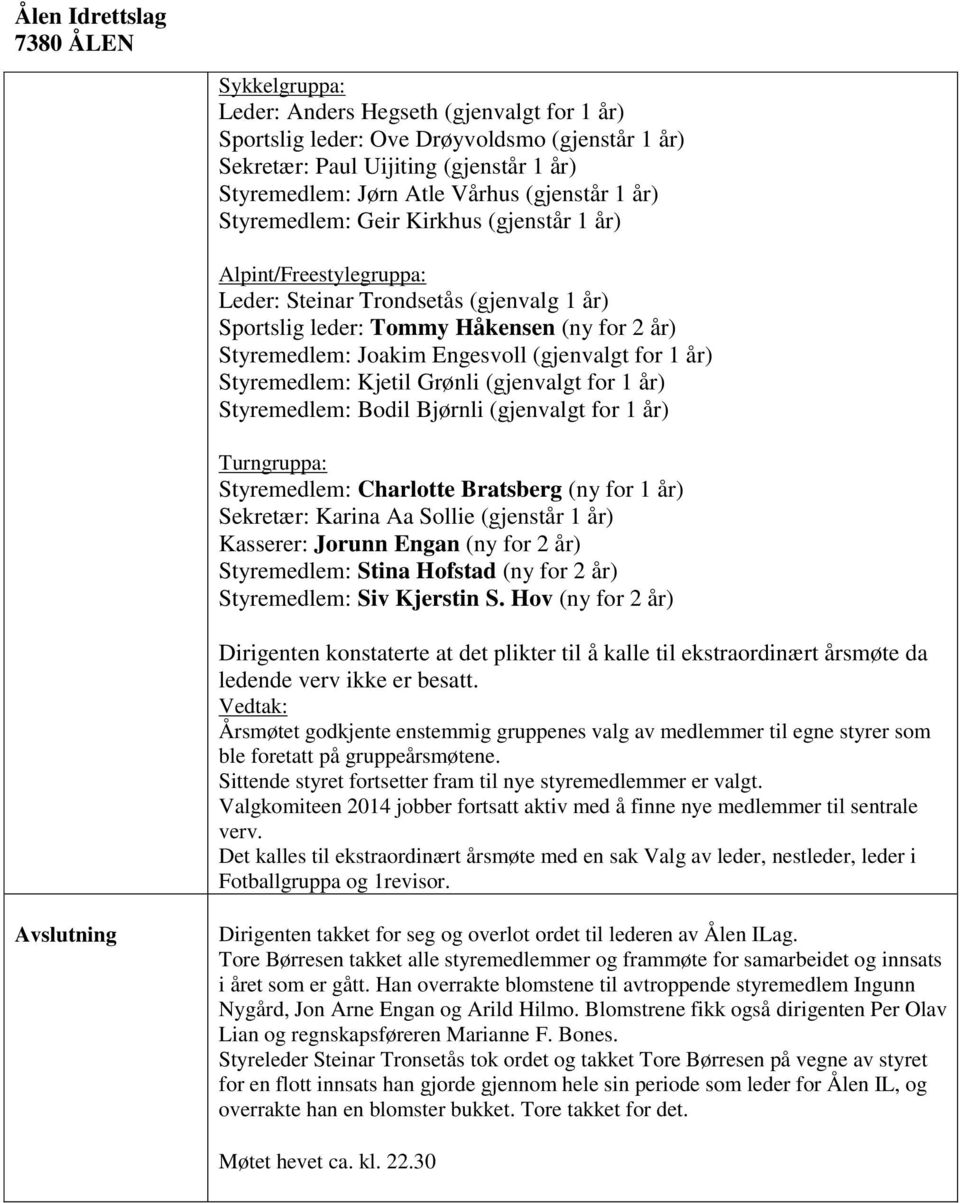 1 år) Styremedlem: Kjetil Grønli (gjenvalgt for 1 år) Styremedlem: Bodil Bjørnli (gjenvalgt for 1 år) Turngruppa: Styremedlem: Charlotte Bratsberg (ny for 1 år) Sekretær: Karina Aa Sollie (gjenstår 1