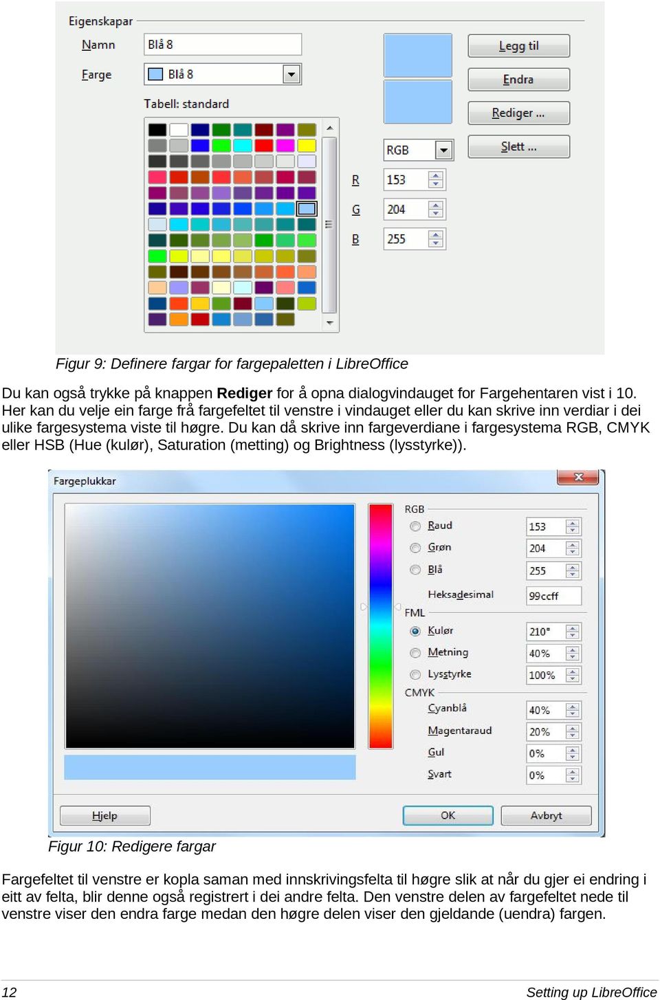 Du kan då skrive inn fargeverdiane i fargesystema RGB, CMYK eller HSB (Hue (kulør), Saturation (metting) og Brightness (lysstyrke)).