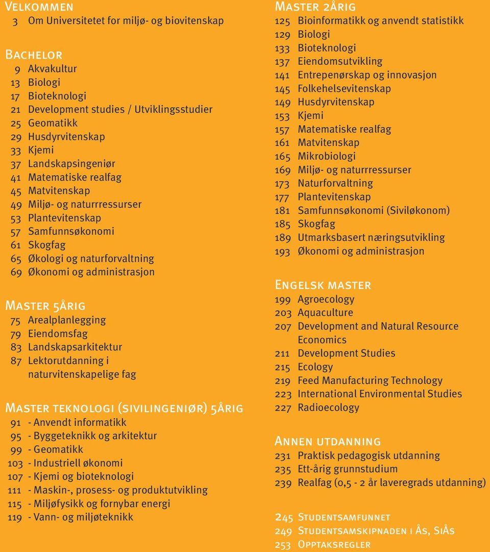 Master 5årig 75 Arealplanlegging 79 Eiendomsfag 83 Landskapsarkitektur 87 Lektorutdanning i naturvitenskapelige fag Master teknologi (sivilingeniør) 5årig 91 - Anvendt informatikk 95 - Byggeteknikk