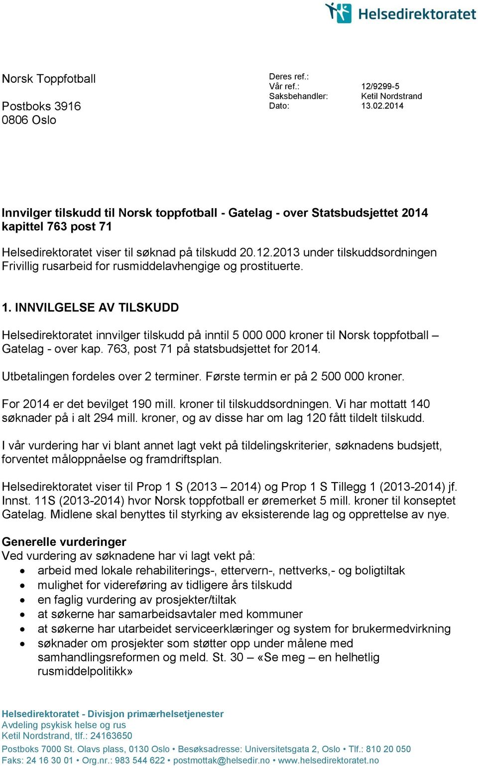 2013 under tilskuddsordningen Frivillig rusarbeid for rusmiddelavhengige og prostituerte. 1.