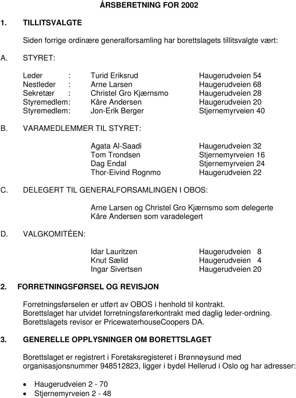 Jon-Erik Berger Stjernemyrveien 40 B. VARAMEDLEMMER TIL STYRET: Agata Al-Saadi Haugerudveien 32 Tom Trondsen Stjernemyrveien 16 Dag Endal Stjernemyrveien 24 Thor-Eivind Rognmo Haugerudveien 22 C.