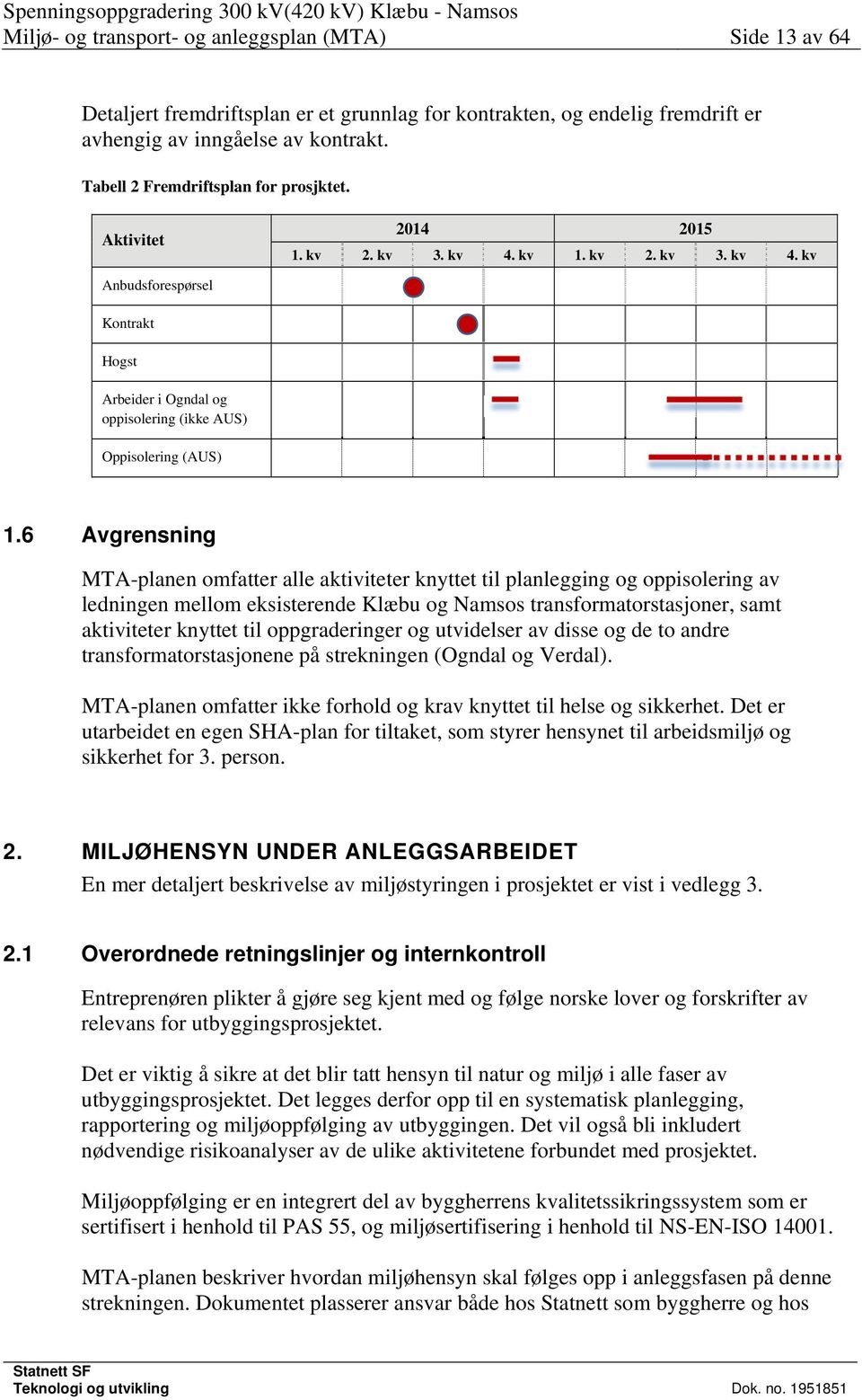 6 Avgrensning MTA-planen omfatter alle aktiviteter knyttet til planlegging og oppisolering av ledningen mellom eksisterende Klæbu og Namsos transformatorstasjoner, samt aktiviteter knyttet til