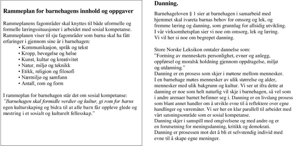 miljø og teknikk Etikk, religion og filosofi Nærmiljø og samfunn Antall, rom og form I rammeplan for barnehagen står det om sosial kompetanse: Barnehagen skal formidle verdier og kultur, gi rom for