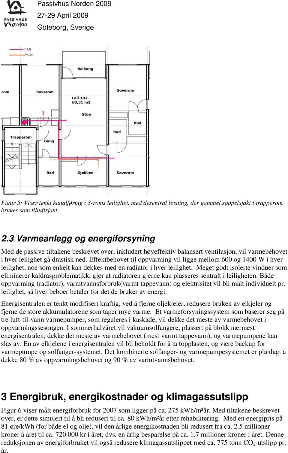 Effektbehovet til oppvarming vil ligge mellom 600 og 1400 W i hver leilighet, noe som enkelt kan dekkes med en radiator i hver leilighet.