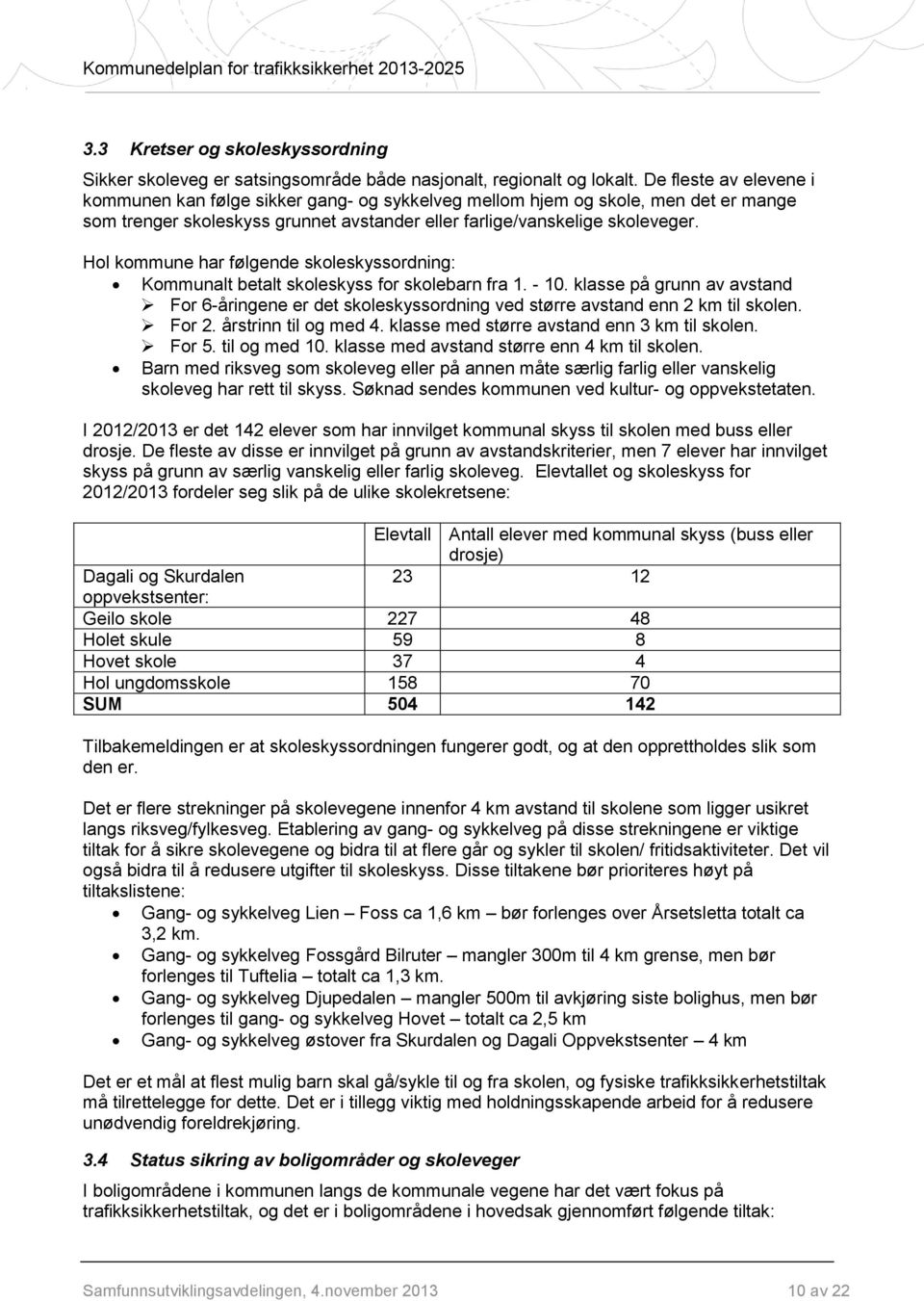 Hol kommune har følgende skoleskyssordning: Kommunalt betalt skoleskyss for skolebarn fra 1. - 10.