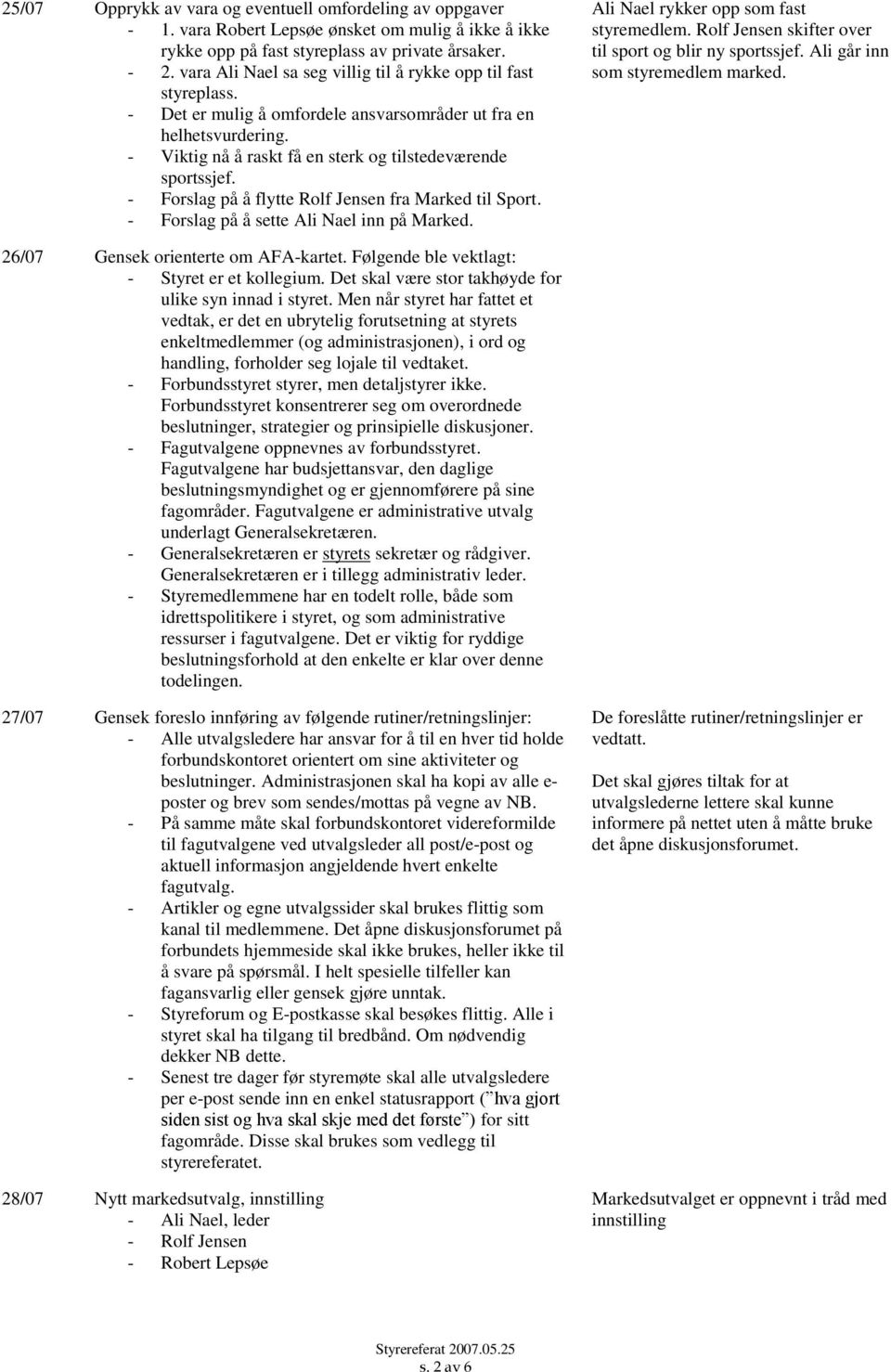 - Forslag på å flytte Rolf Jensen fra Marked til Sport. - Forslag på å sette Ali Nael inn på Marked. Ali Nael rykker opp som fast styremedlem. Rolf Jensen skifter over til sport og blir ny sportssjef.