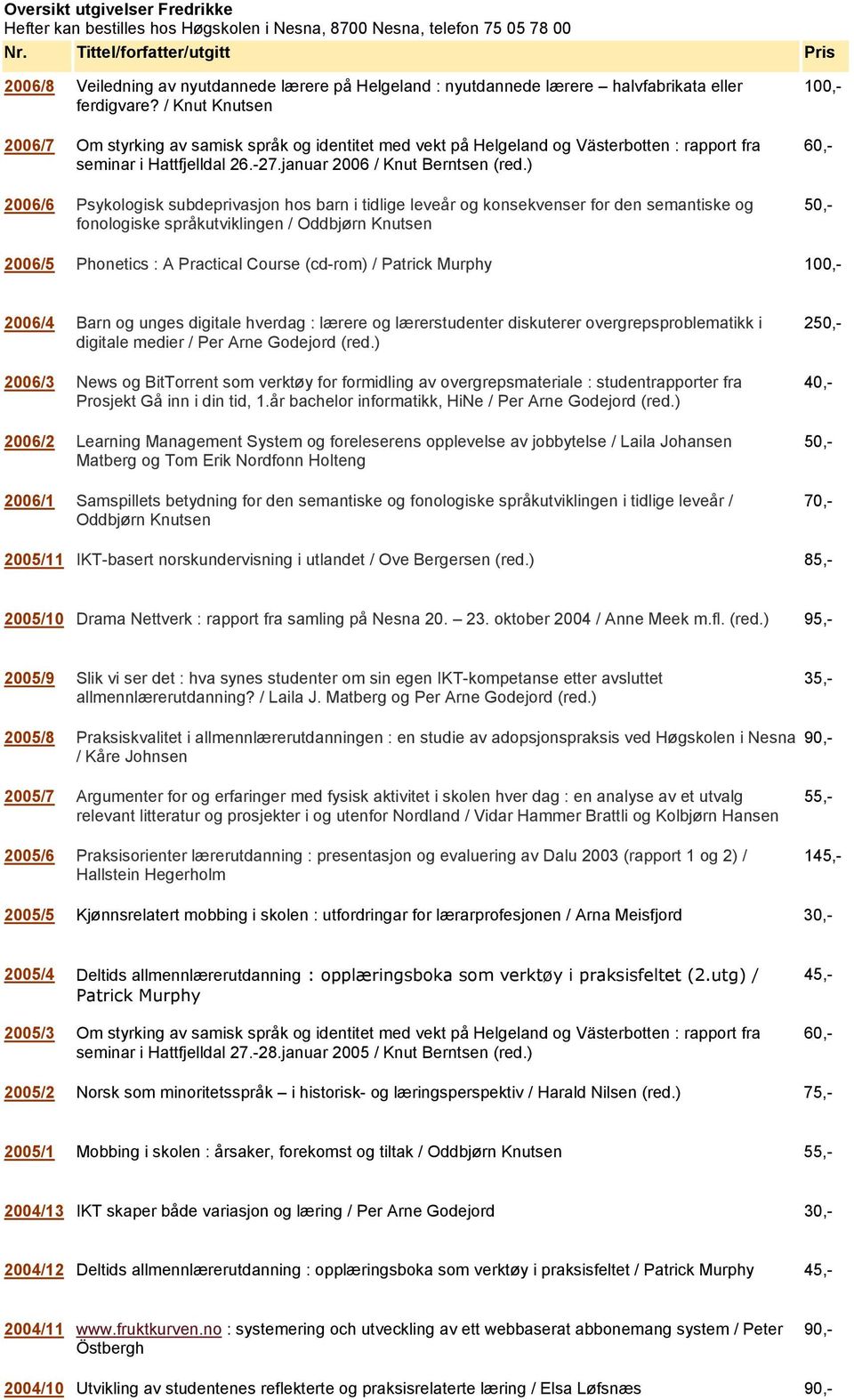 / Knut Knutsen 2006/7 Om styrking av samisk språk og identitet med vekt på Helgeland og Västerbotten : rapport fra seminar i Hattfjelldal 26.-27.januar 2006 / Knut Berntsen (red.