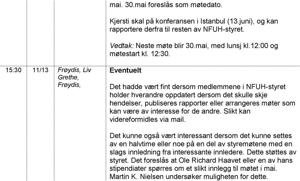 15:30 11/13 Liv Eventuelt Det hadde vært fint dersom medlemmene i NFUH-styret holder hverandre oppdatert dersom det skulle skje hendelser, publiseres rapporter eller arrangeres møter som kan være av