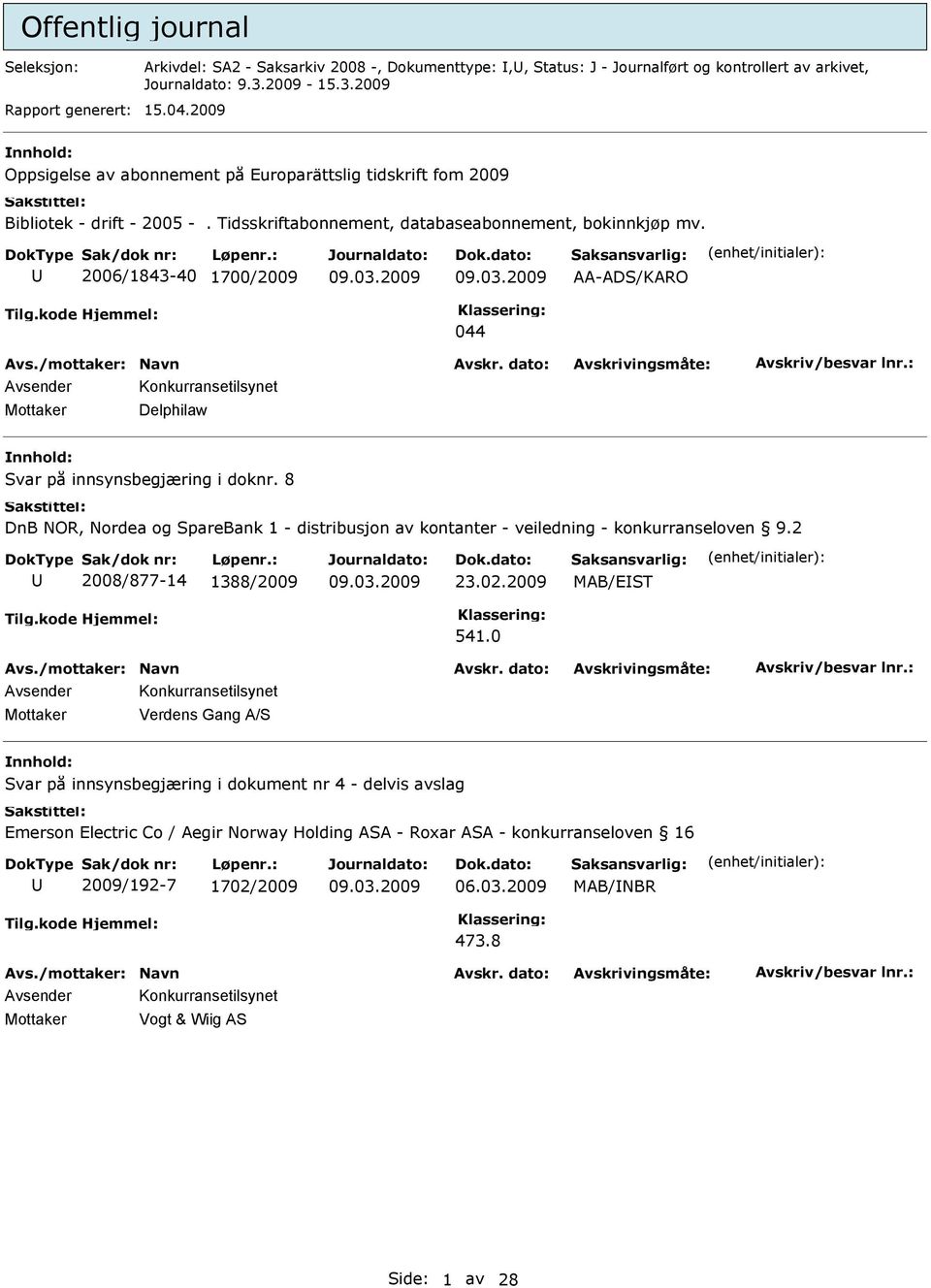 2006/1843-40 1700/2009 AA-ADS/KARO 044 Konkurransetilsynet Mottaker Delphilaw Svar på innsynsbegjæring i doknr.