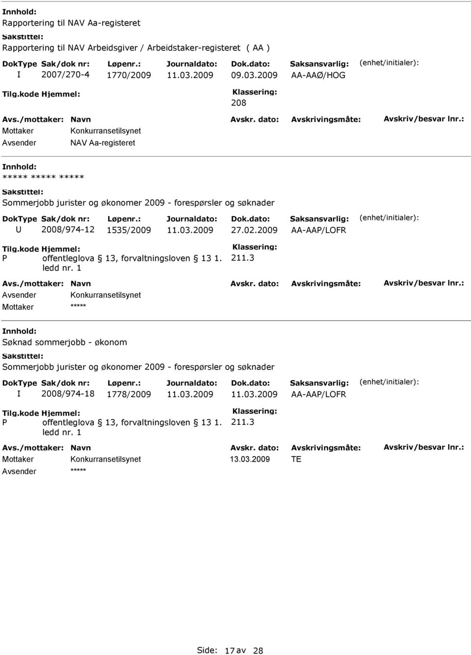 2009 AA-AAP/LOFR P offentleglova 13, forvaltningsloven 13 1. ledd nr. 1 211.