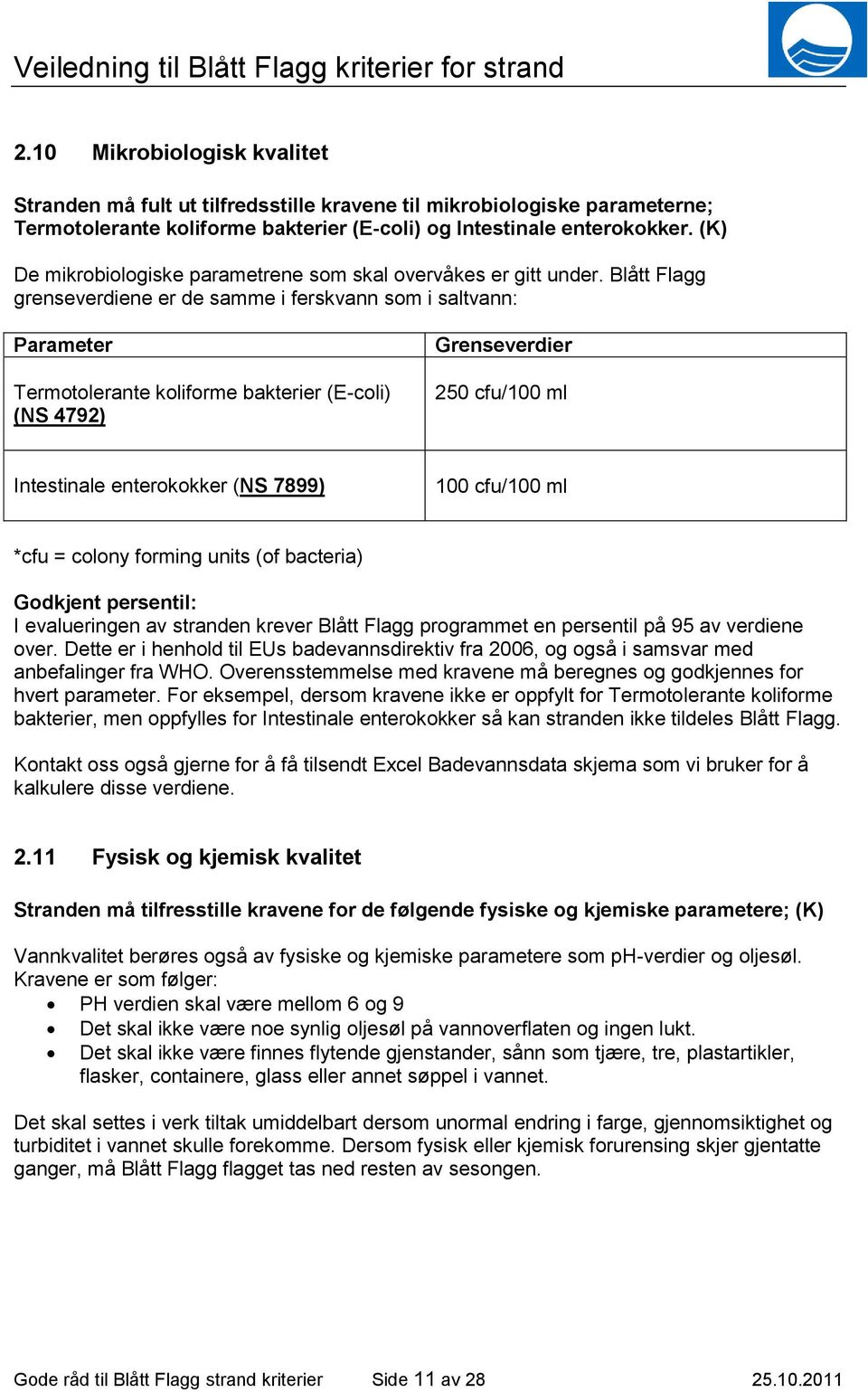 Blått Flagg grenseverdiene er de samme i ferskvann som i saltvann: Parameter Termotolerante koliforme bakterier (E-coli) (NS 4792) Grenseverdier 250 cfu/100 ml Intestinale enterokokker (NS 7899) 100