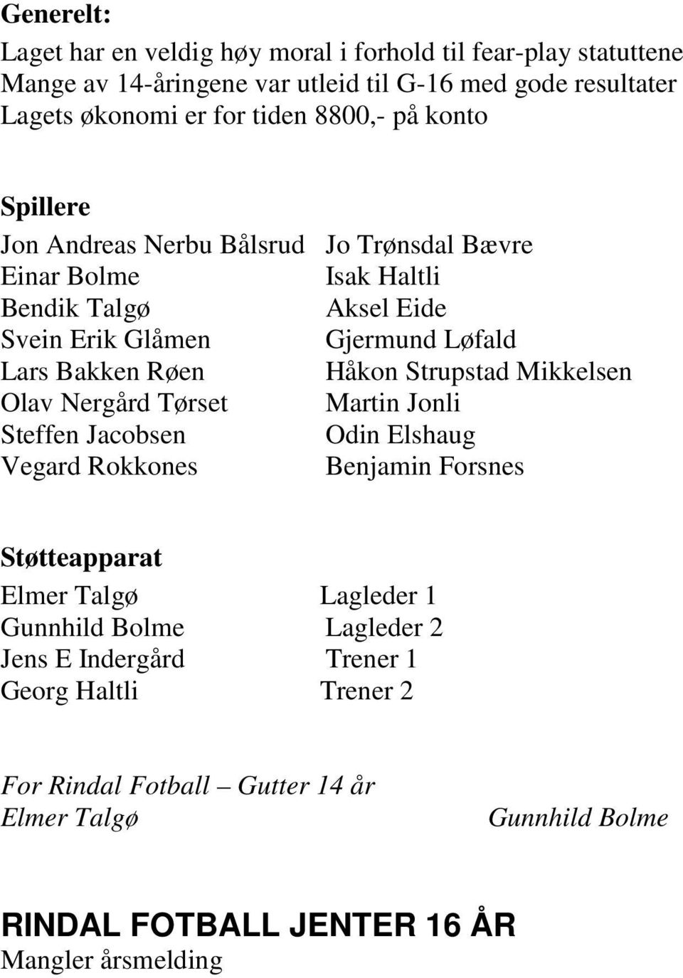 Håkon Strupstad Mikkelsen Olav Nergård Tørset Martin Jonli Steffen Jacobsen Odin Elshaug Vegard Rokkones Benjamin Forsnes Støtteapparat Elmer Talgø Lagleder 1 Gunnhild