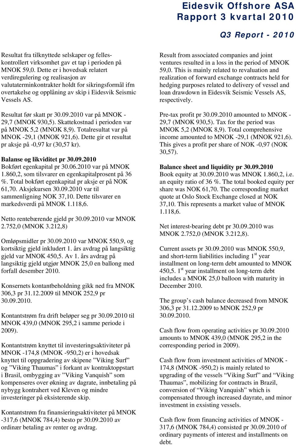 Resultat før skatt pr 30.09.2010 var på MNOK - 29,7 (MNOK 930,5). Skattekostnad i perioden var på MNOK 5,2 (MNOK 8,9). Totalresultat var på MNOK -29,1 (MNOK 921,6).