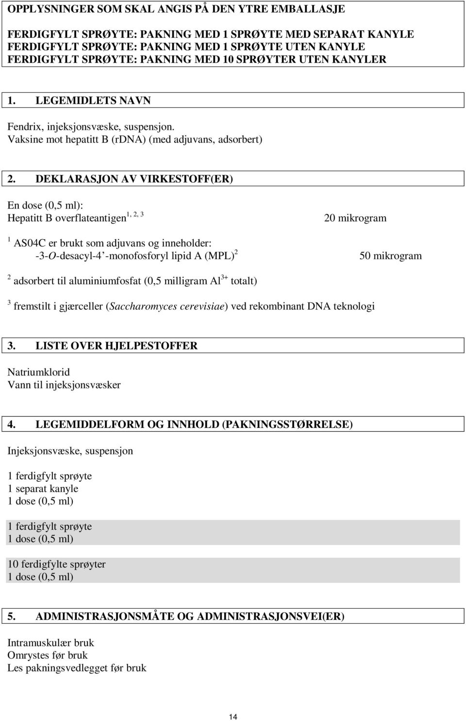 DEKLARASJON AV VIRKESTOFF(ER) En dose (0,5 ml): 1, 2, 3 Hepatitt B overflateantigen 20 1 AS04C er brukt som adjuvans og inneholder: -3-O-desacyl-4 -monofosforyl lipid A (MPL) 2 mikrogram 50 mikrogram