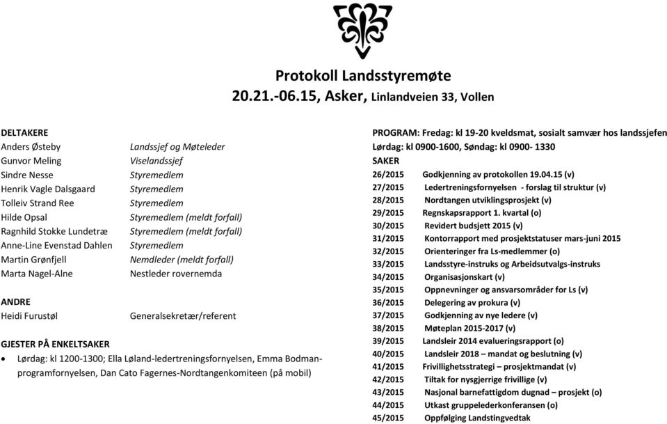 Grønfjell Marta Nagel-Alne ANDRE Heidi Furustøl GJESTER PÅ ENKELTSAKER Landssjef og Møteleder Viselandssjef Styremedlem Styremedlem Styremedlem Styremedlem (meldt forfall) Styremedlem (meldt forfall)