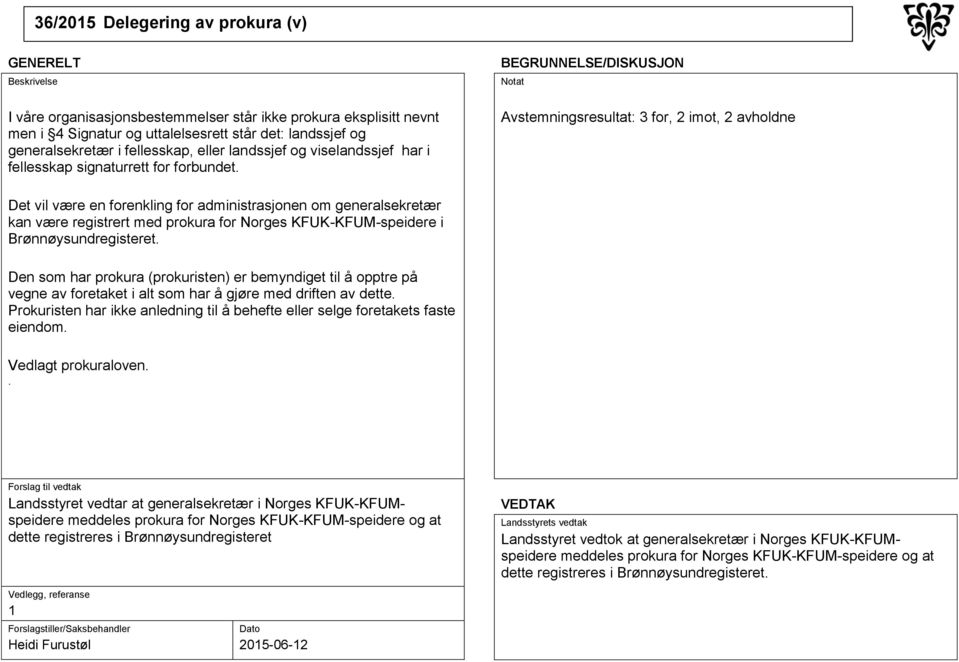 Avstemningsresultat: 3 for, 2 imot, 2 avholdne Det vil være en forenkling for administrasjonen om generalsekretær kan være registrert med prokura for Norges KFUK-KFUM-speidere i Brønnøysundregisteret.