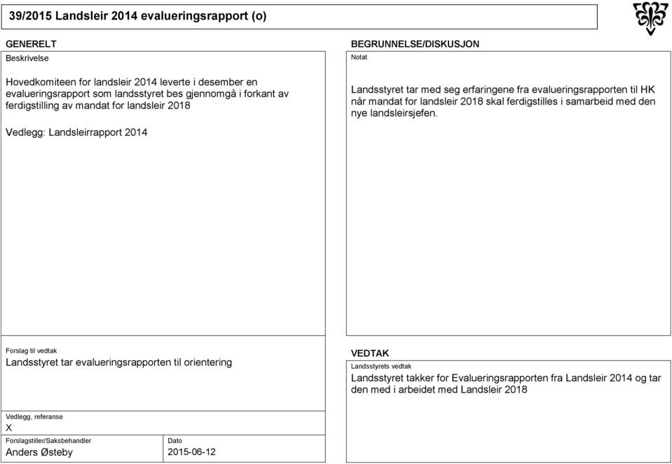 evalueringsrapporten til HK når mandat for landsleir 2018 skal ferdigstilles i samarbeid med den nye landsleirsjefen.