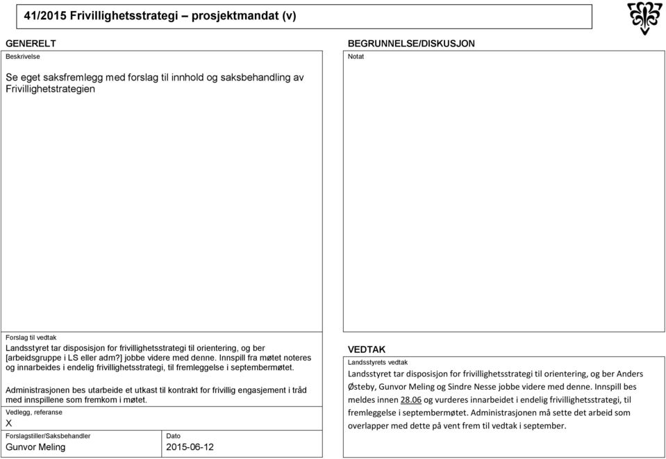 Administrasjonen bes utarbeide et utkast til kontrakt for frivillig engasjement i tråd med innspillene som fremkom i møtet.