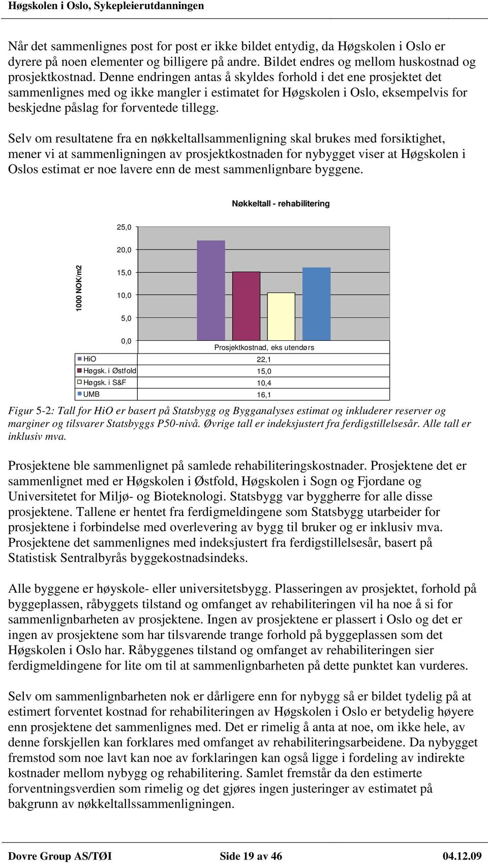 Selv om resultatene fra en nøkkeltallsammenligning skal brukes med forsiktighet, mener vi at sammenligningen av prosjektkostnaden for nybygget viser at Høgskolen i Oslos estimat er noe lavere enn de