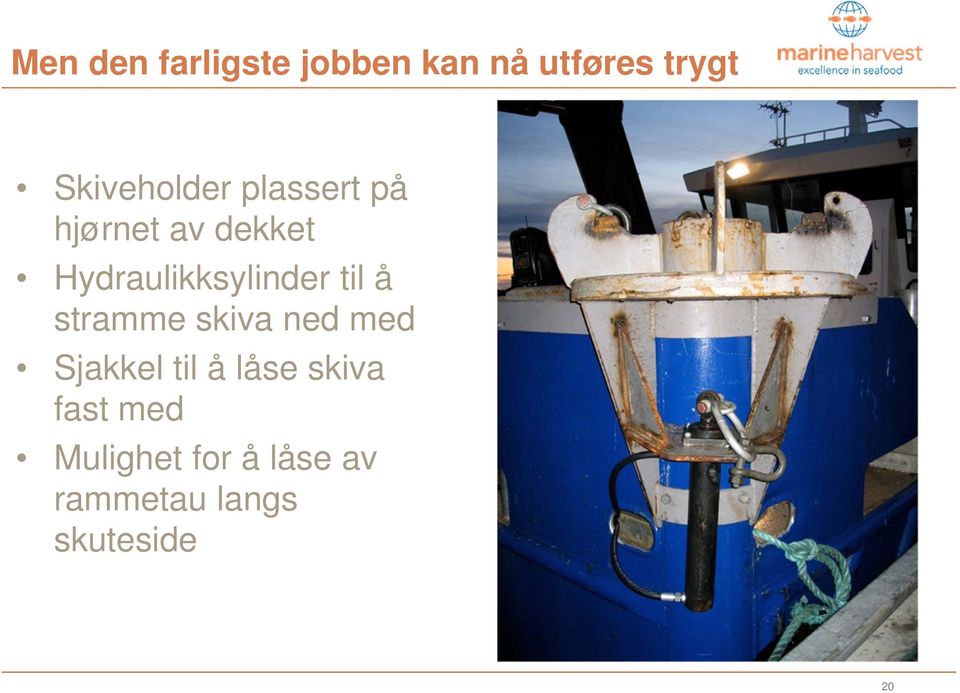 Hydraulikksylinder til å stramme skiva ned med Sjakkel