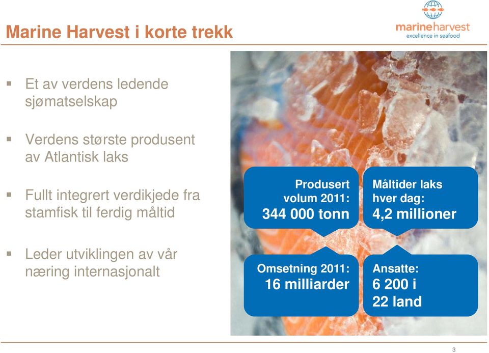 stamfisk til ferdig måltid Produsert volum 2011: 344 000 tonn Måltider laks hver dag: 4,2