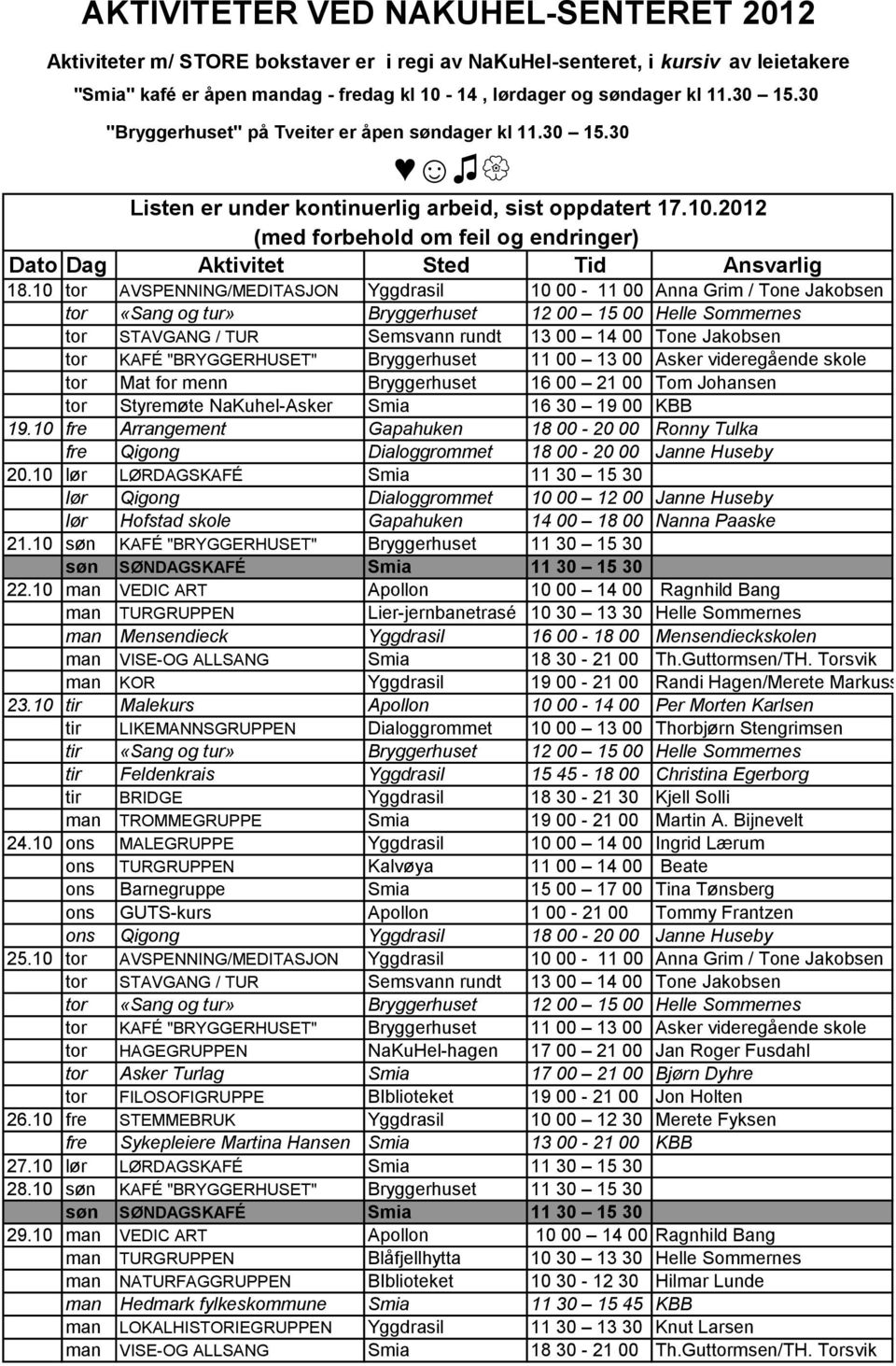 2012 (med forbehold om feil og endringer) Dato Dag Aktivitet Sted Tid Ansvarlig 18.