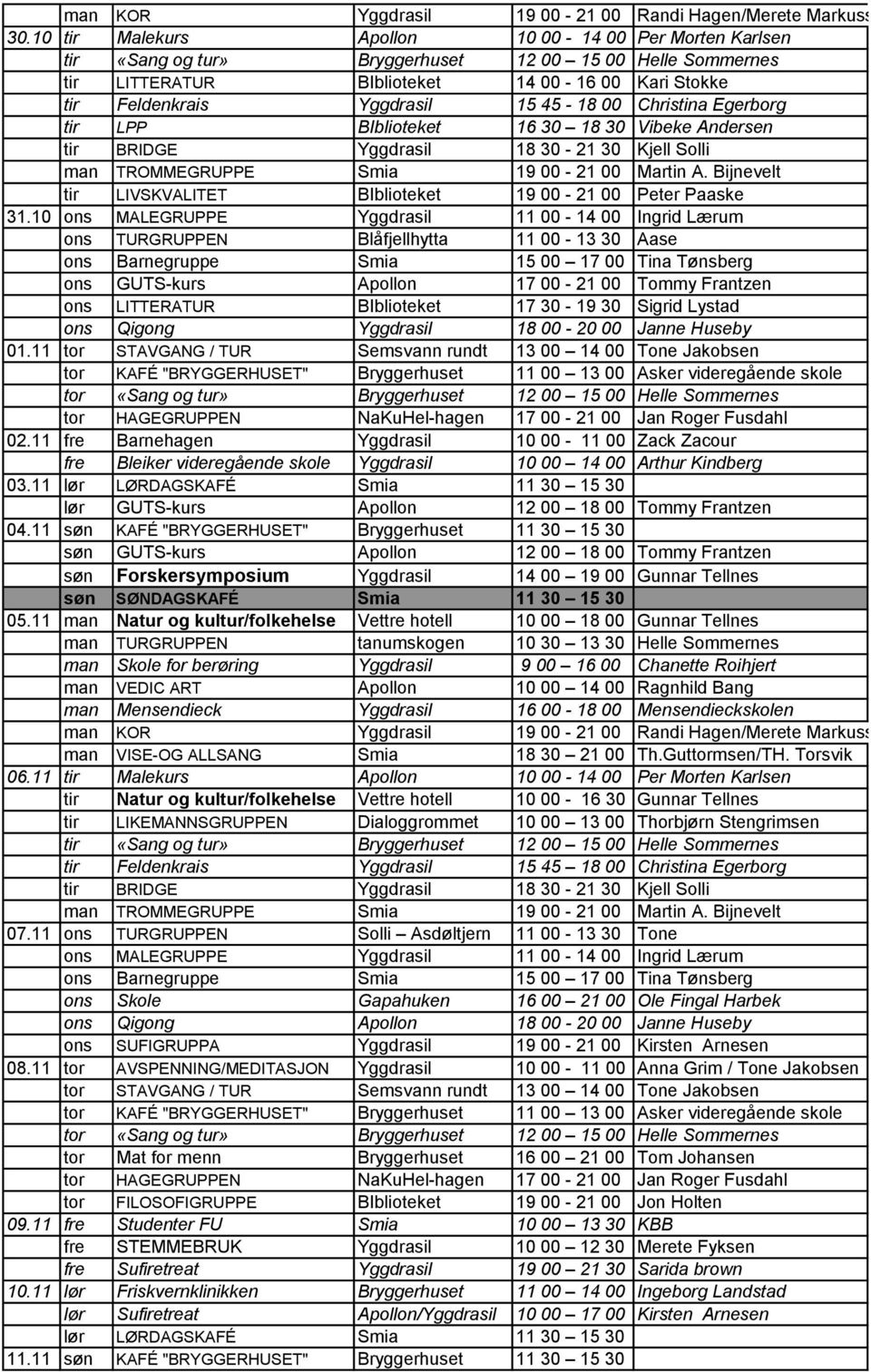 10 ons MALEGRUPPE Yggdrasil 11 00-14 00 Ingrid Lærum ons TURGRUPPEN Blåfjellhytta 11 00-13 30 Aase ons GUTS-kurs Apollon 17 00-21 00 Tommy Frantzen ons LITTERATUR BIblioteket 17 30-19 30 Sigrid