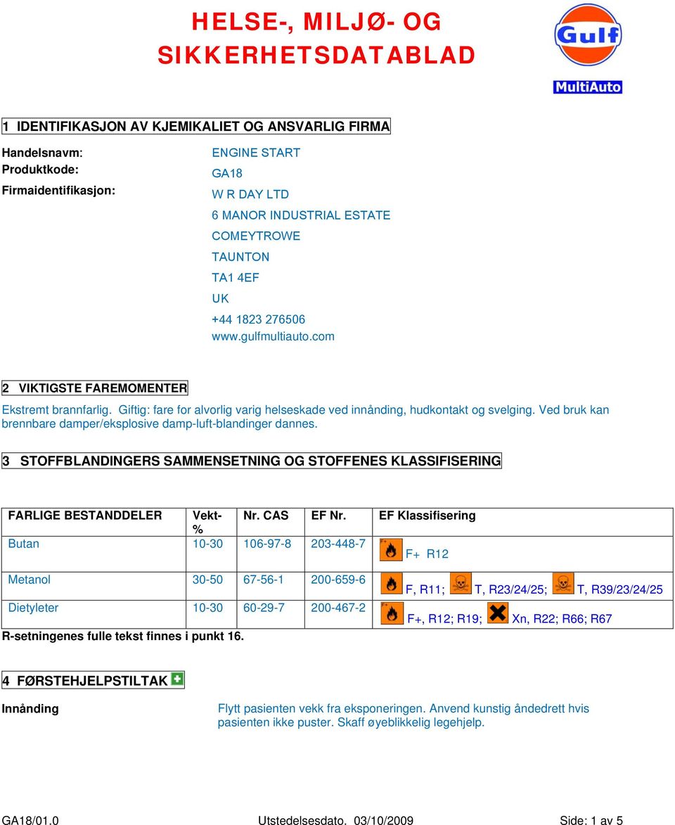 Ved bruk kan brennbare damper/eksplosive damp-luft-blandinger dannes. 3 STOFFBLANDINGERS SAMMENSETNING OG STOFFENES KLASSIFISERING FARLIGE BESTANDDELER Vekt- Nr. CAS EF Nr.