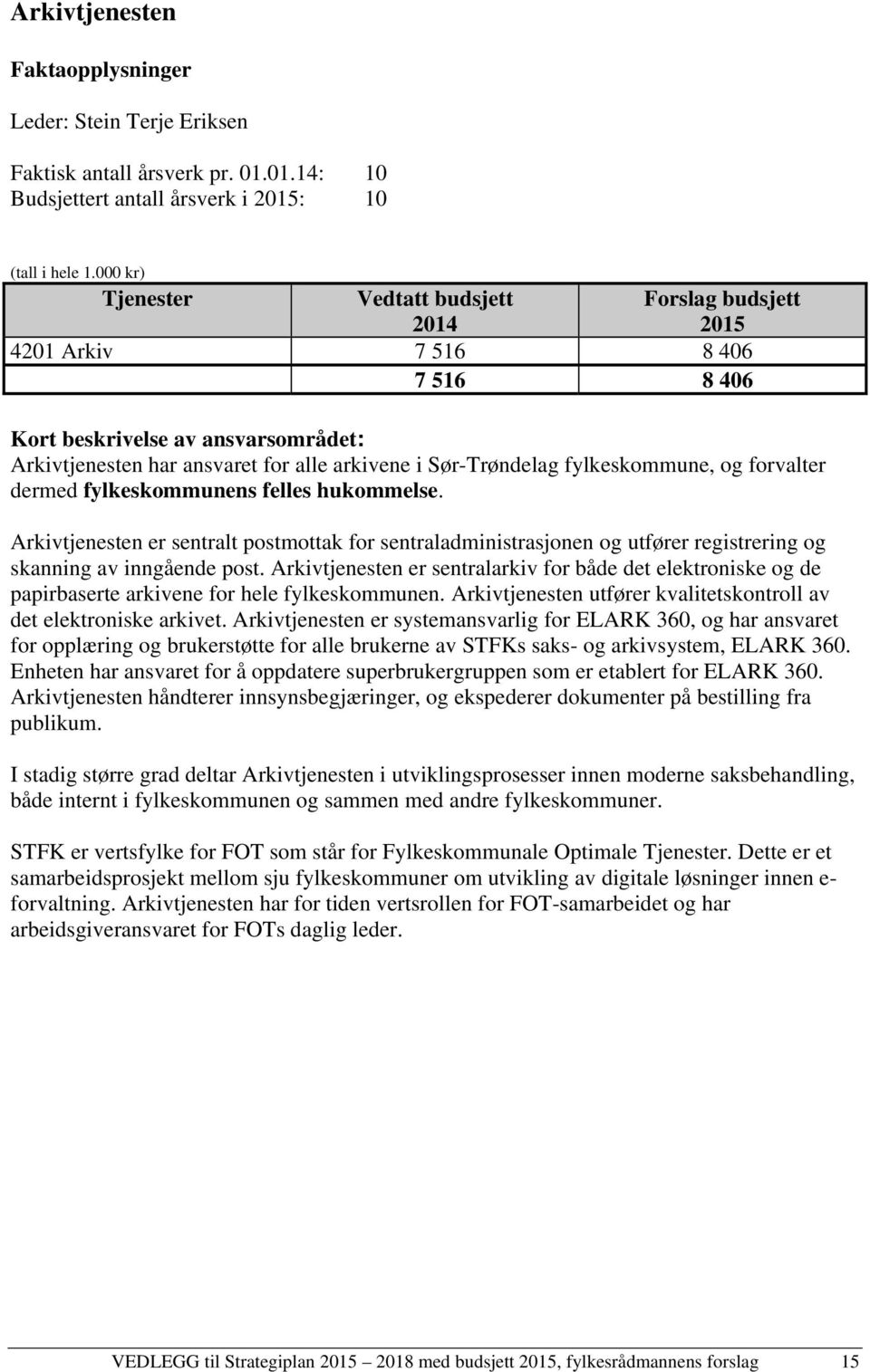 fylkeskommune, og forvalter dermed fylkeskommunens felles hukommelse. Arkivtjenesten er sentralt postmottak for sentraladministrasjonen og utfører registrering og skanning av inngående post.