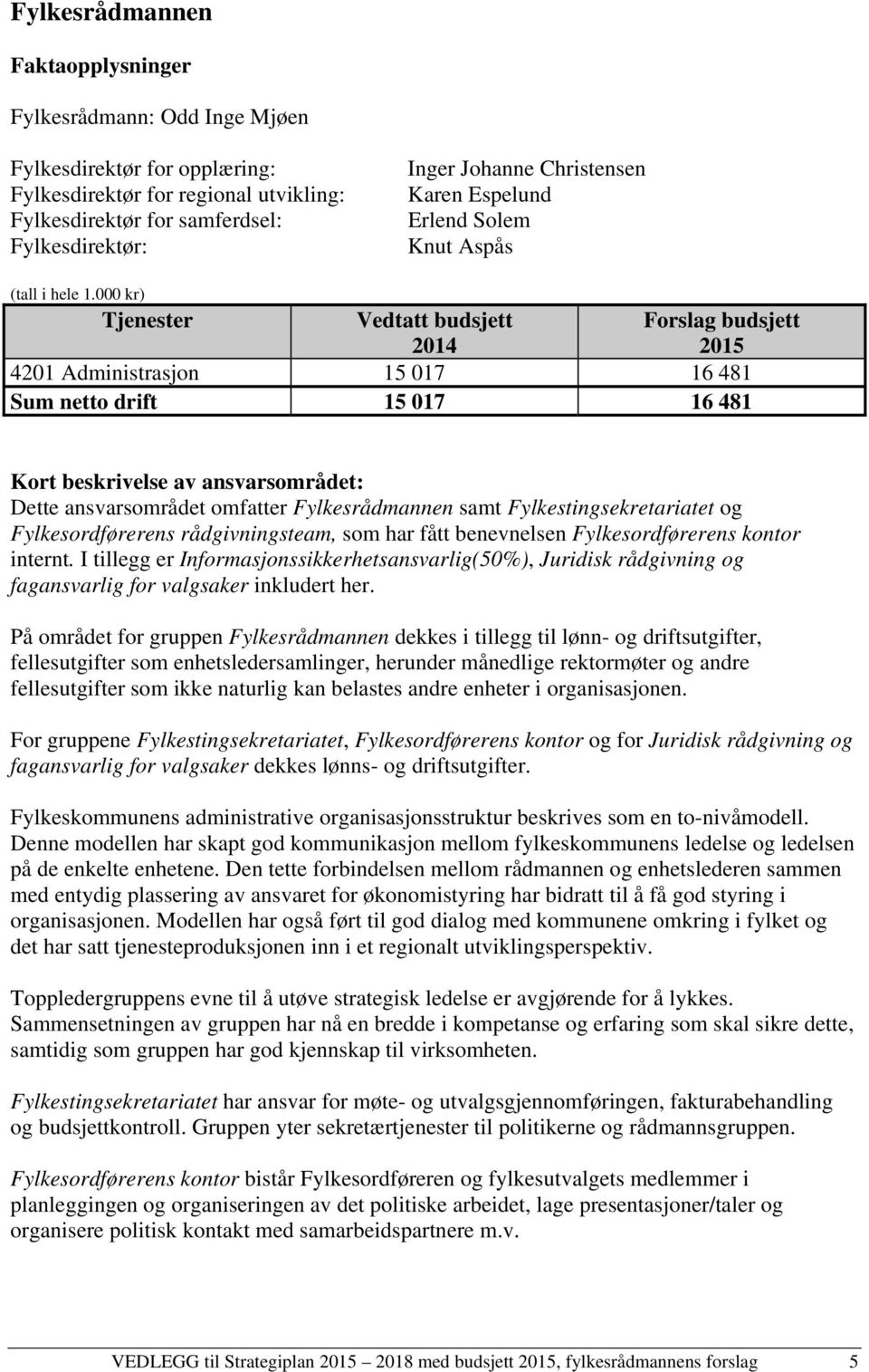 000 kr) Tjenester Vedtatt budsjett 2014 4201 Administrasjon 15 017 16 481 Sum netto drift 15 017 16 481 Forslag budsjett 2015 Kort beskrivelse av ansvarsområdet: Dette ansvarsområdet omfatter