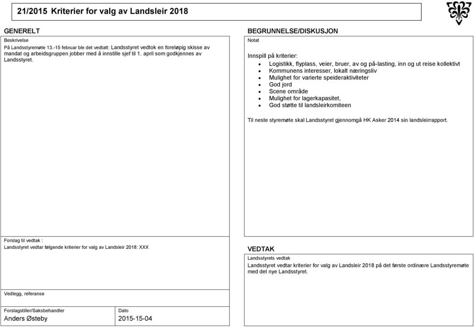 Innspill på kriterier: Logistikk, flyplass, veier, bruer, av og på-lasting, inn og ut reise kollektivt Kommunens interesser, lokalt næringsliv Mulighet for varierte speideraktiviteter God jord Scene