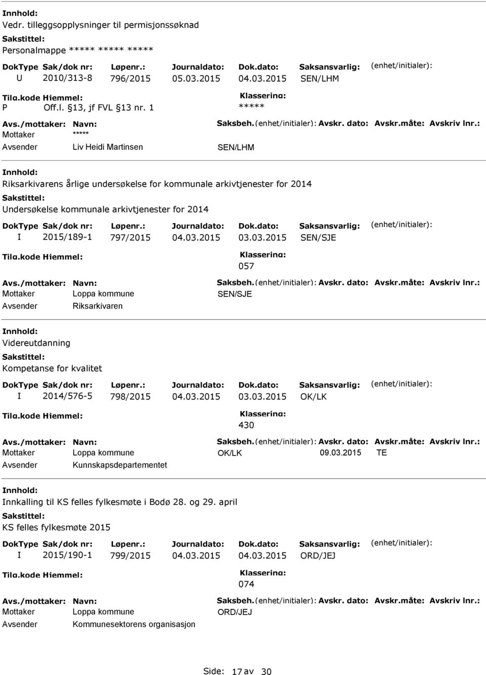 /mottaker: Navn: Saksbeh. Avskr. dato: Avskr.måte: Avskriv lnr.: Riksarkivaren Videreutdanning Kompetanse for kvalitet 2014/576-5 798/2015 03.03.2015 430 Avs./mottaker: Navn: Saksbeh. Avskr. dato: Avskr.måte: Avskriv lnr.: 09.