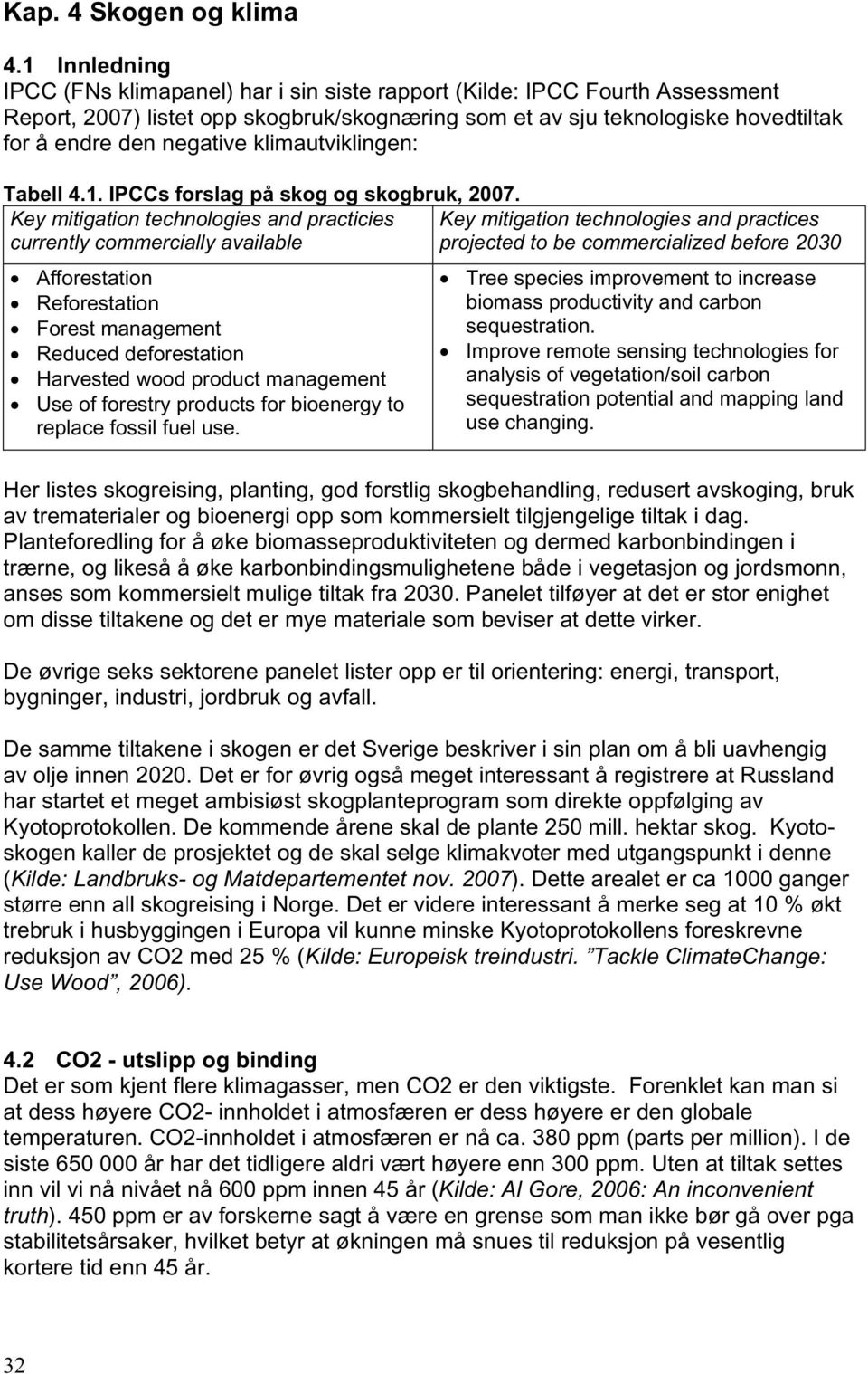 klimautviklingen: Tabell 4.1. IPCCs forslag på skog og skogbruk, 2007.