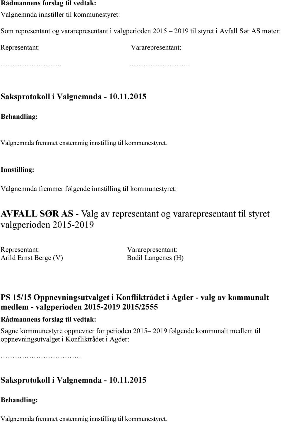 . AVFALL SØR AS - Valg av representant og vararepresentant til styret valgperioden 2015-2019 Representant: Arild Ernst Berge (V)