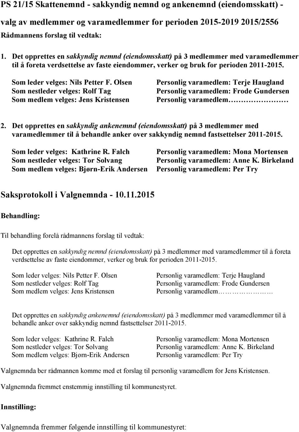 Olsen Som nestleder velges: Rolf Tag Som medlem velges: Jens Kristensen Personlig varamedlem: Terje Haugland Personlig varamedlem: Frode Gundersen Personlig varamedlem 2.