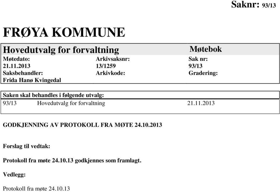 Gradering: Saken skal behandles i følgende utvalg: 93/13 Hovedutvalg for forvaltning 21.11.