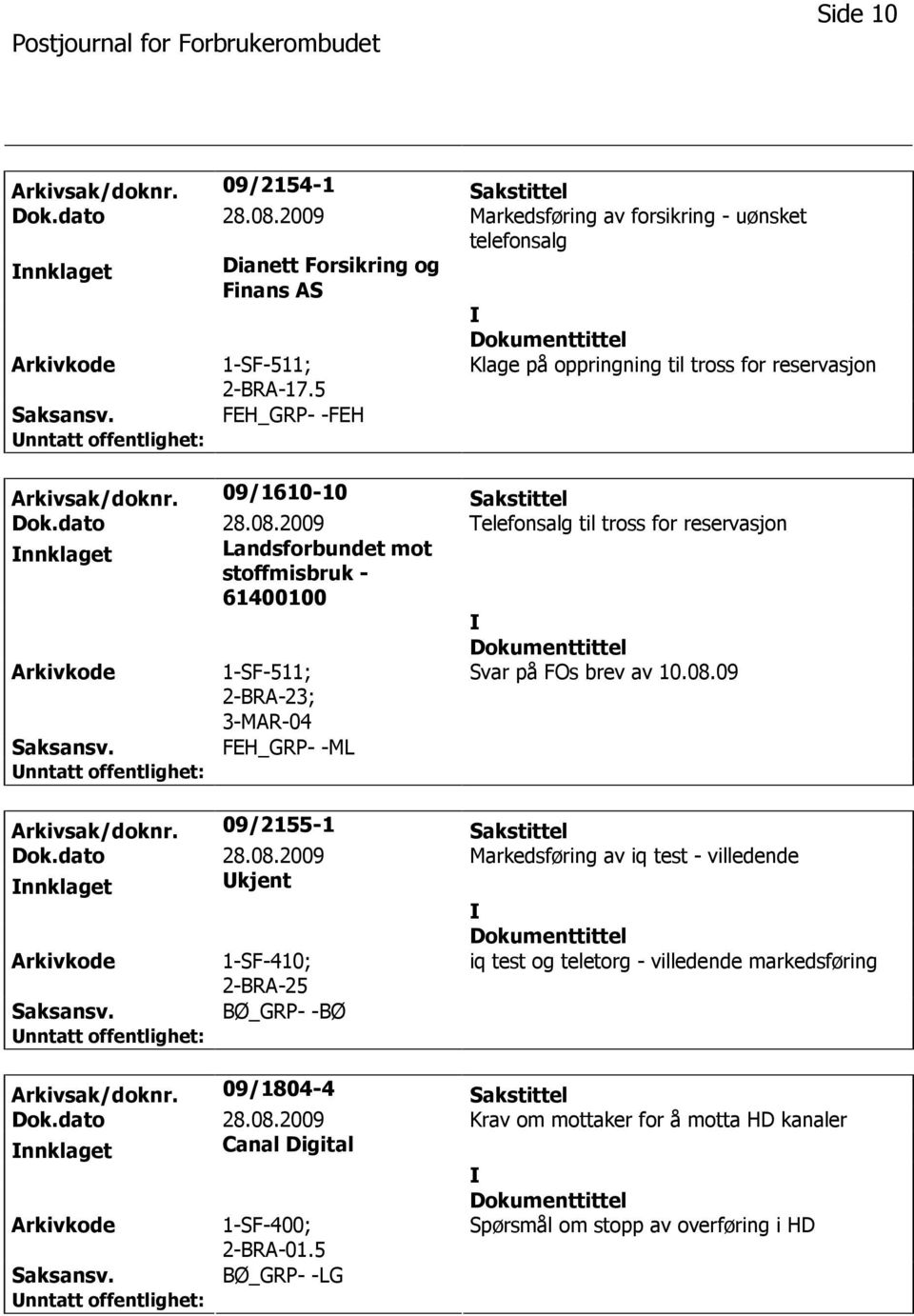 2009 Telefonsalg til tross for reservasjon nnklaget Landsforbundet mot stoffmisbruk - 61400100 1-SF-511; 2-BRA-23; 3-MAR-04 Svar på FOs brev av 10.08.09 FEH_GRP- -ML Arkivsak/doknr.