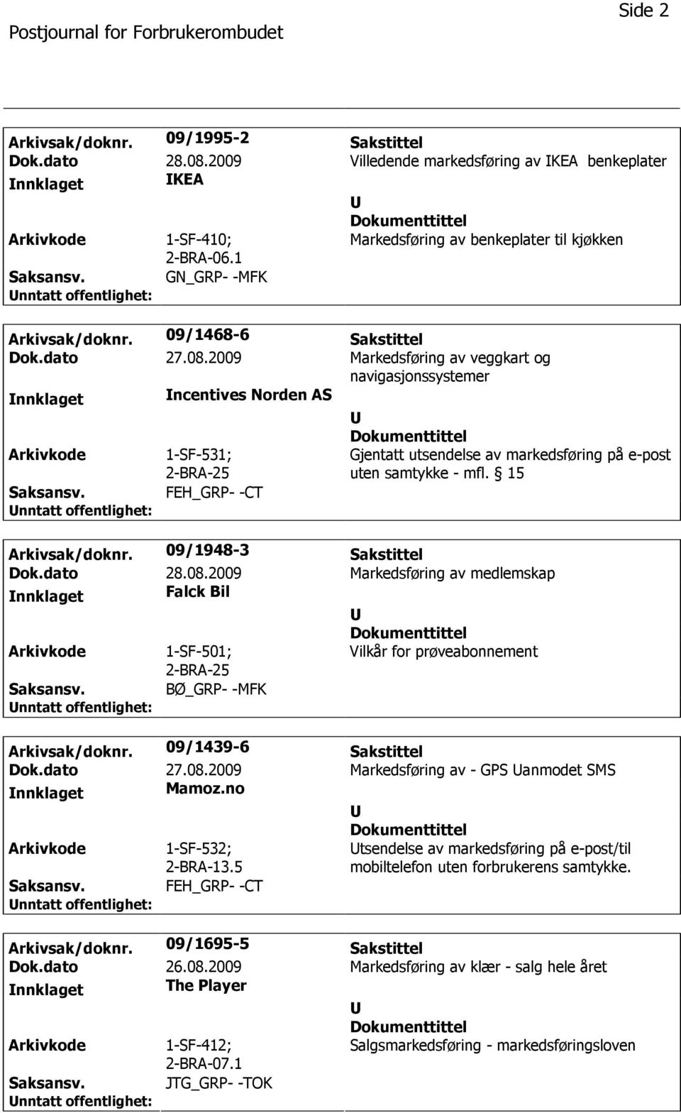 2009 Markedsføring av veggkart og navigasjonssystemer nnklaget ncentives Norden AS 1-SF-531; FEH_GRP- -CT Gjentatt utsendelse av markedsføring på e-post uten samtykke - mfl. 15 Arkivsak/doknr.