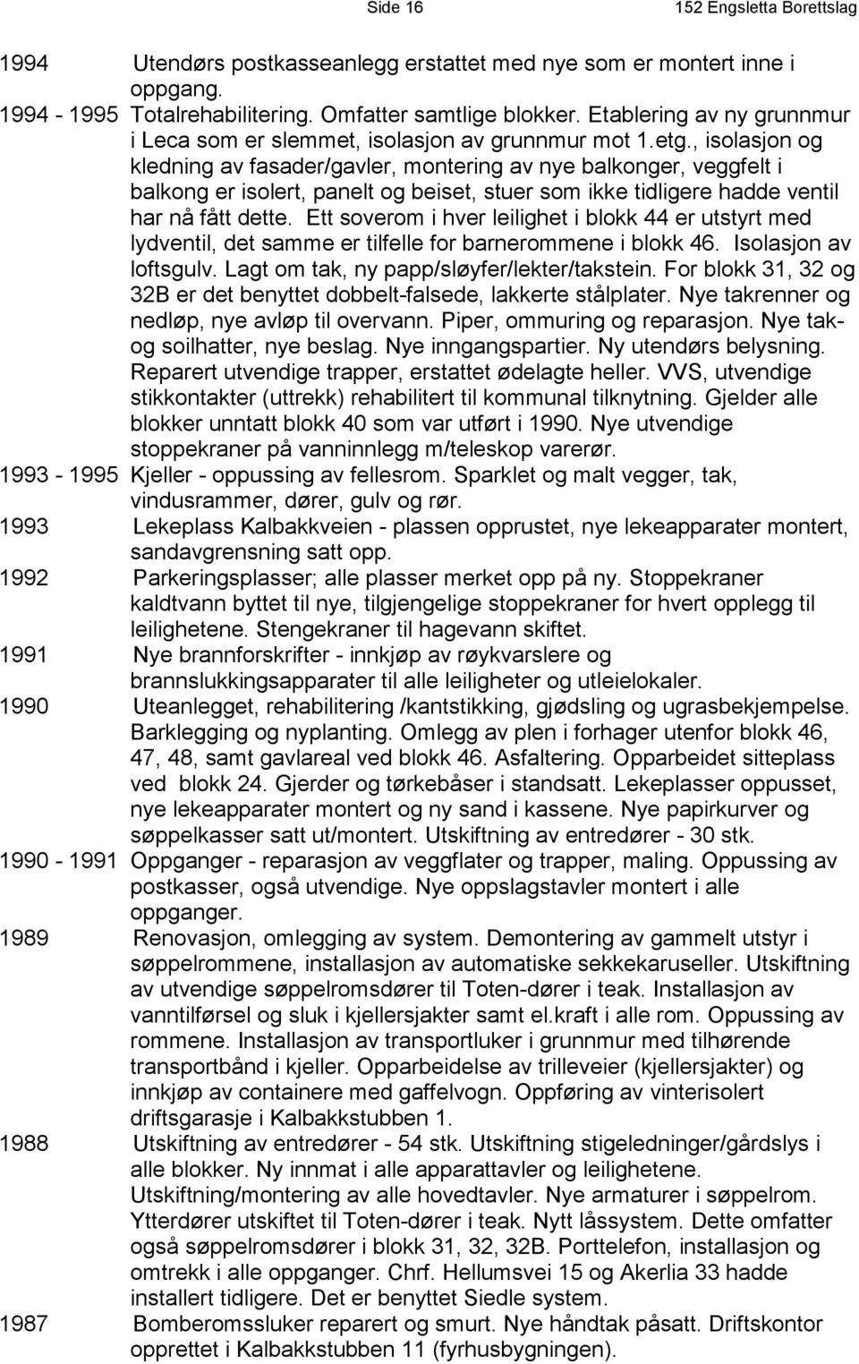 , isolasjon og kledning av fasader/gavler, montering av nye balkonger, veggfelt i balkong er isolert, panelt og beiset, stuer som ikke tidligere hadde ventil har nå fått dette.