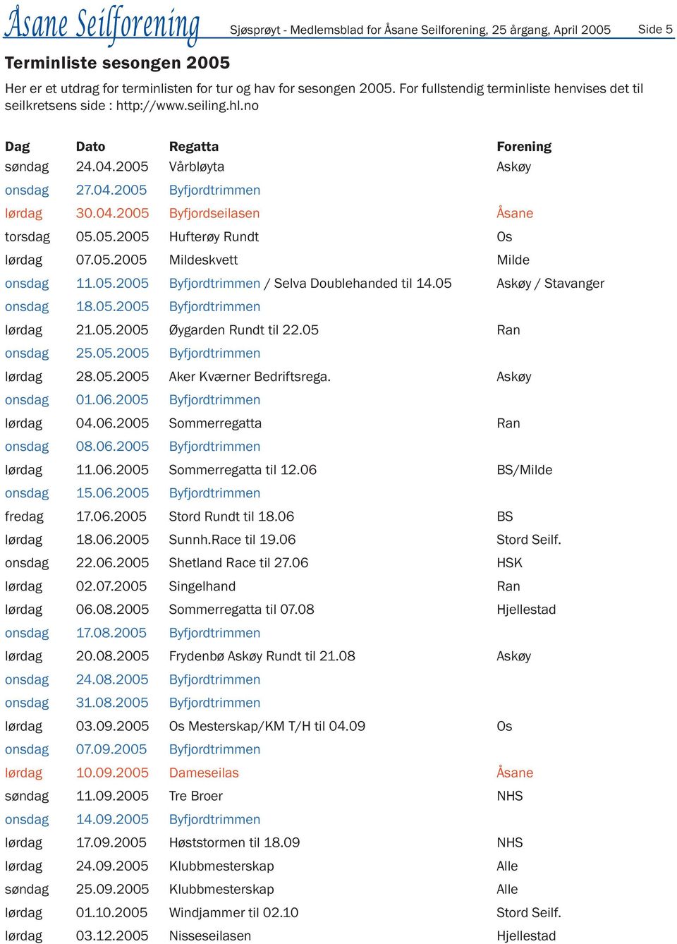 05.2005 Hufterøy Rundt Os lørdag 07.05.2005 Mildeskvett Milde onsdag 11.05.2005 Byfjordtrimmen / Selva Doublehanded til 14.05 Askøy / Stavanger onsdag 18.05.2005 Byfjordtrimmen lørdag 21.05.2005 Øygarden Rundt til 22.
