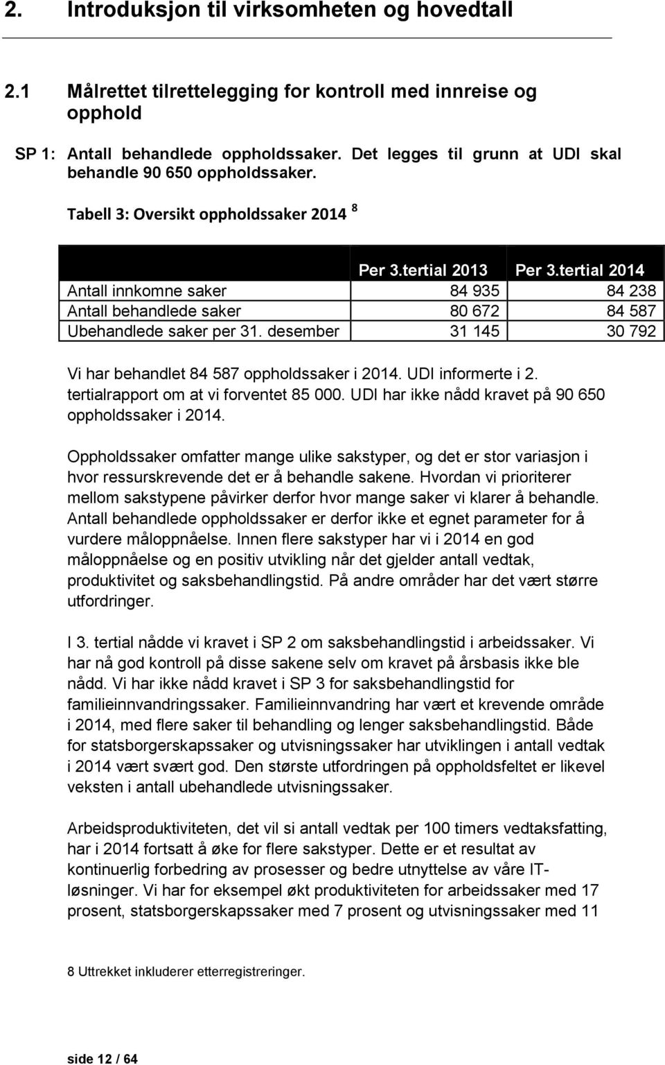 tertial 2014 Antall innkomne saker 84 935 84 238 Antall behandlede saker 80 672 84 587 Ubehandlede saker per 31. desember 31 145 30 792 Vi har behandlet 84 587 oppholdssaker i 2014.