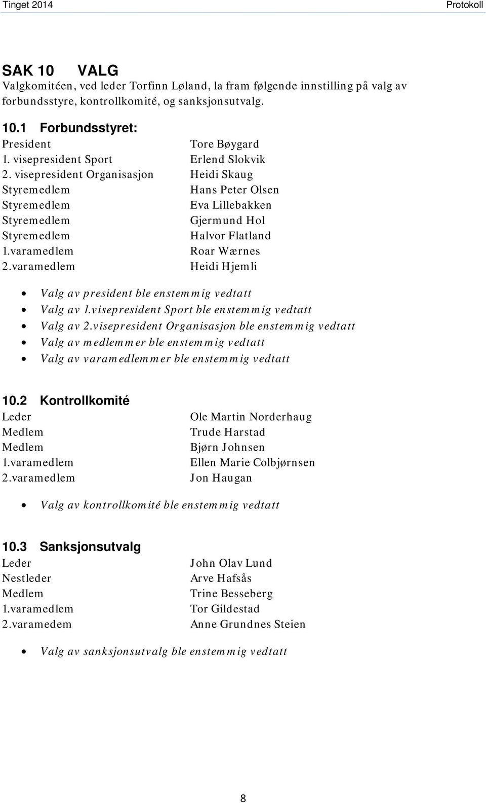 varamedlem Roar Wærnes 2.varamedlem Heidi Hjemli Valg av president ble enstemmig vedtatt Valg av 1.visepresident Sport ble enstemmig vedtatt Valg av 2.