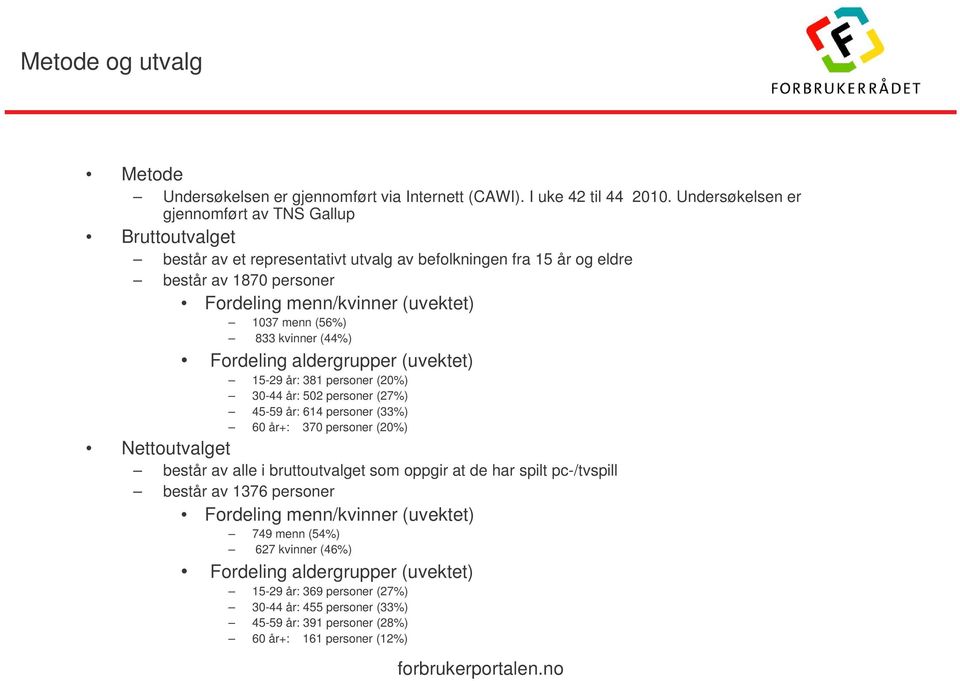 103 menn (%) 33 kvinner (%) Fordeling aldergrupper (uvektet) 1-29 år: 31 personer (20%) 30- år: 02 personer (2%) -9 år: 1 personer (33%) 0 år+: 30 personer (20%) Nettoutvalget består