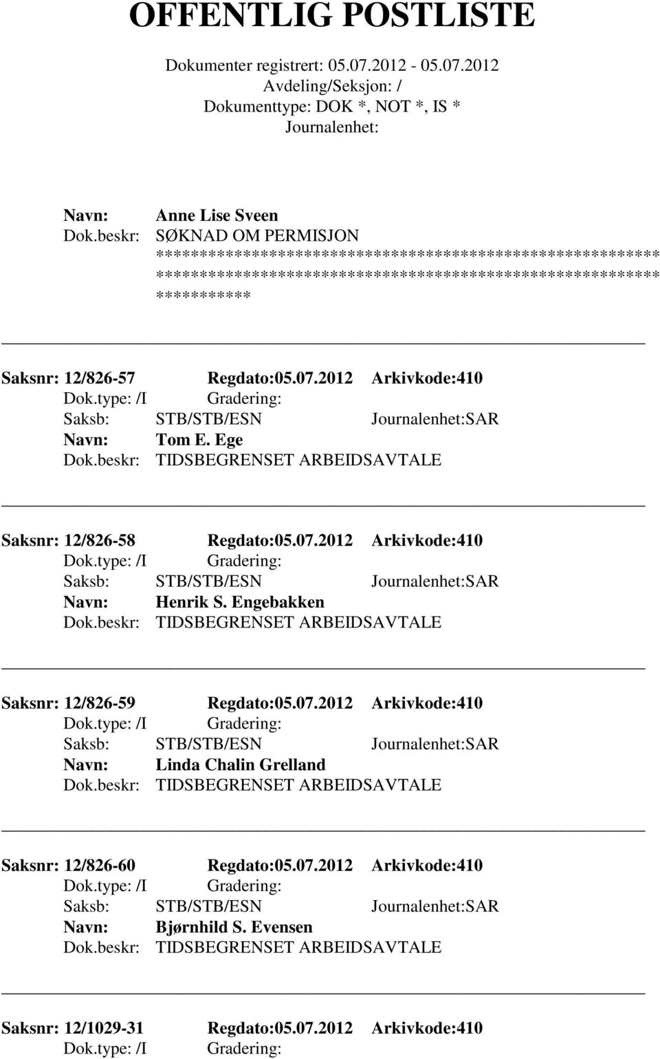 12/826-57 Regdato:05.07.2012 Arkivkode:410 Tom E. Ege Dok.beskr: TIDSBEGRENSET ARBEIDSAVTALE Saksnr: 12/826-58 Regdato:05.07.2012 Arkivkode:410 Henrik S.