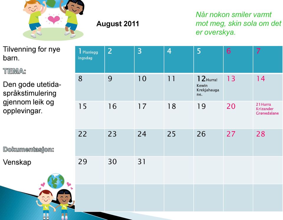 1Planlegg ingsdag 2 3 4 5 6 7 Den gode utetidaspråkstimulering gjennom leik og